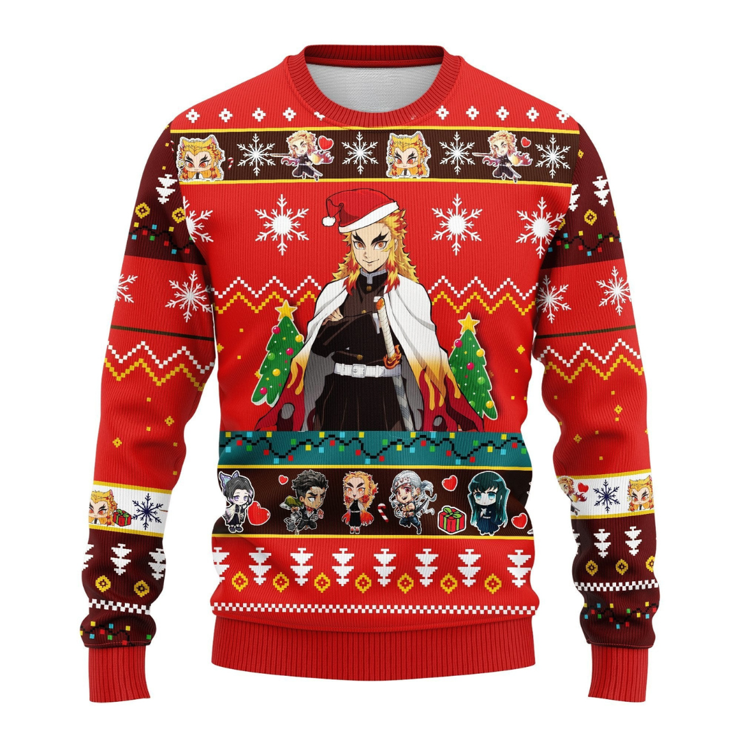 Kyojuro Rengoku Red Christmas Sweater – Demon Slayer Ugly Sweater Gift 1 - Demon Slayer Shop Kyojuro Rengoku Red Christmas Sweater – Demon Slayer Ugly Sweater Gift