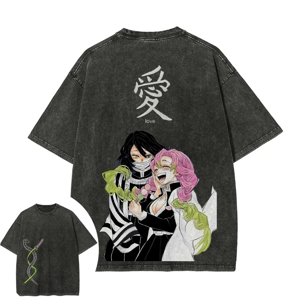 Demon Slayer Mitsuri Kanroji Obanai Iguro PTTT2503 Washed T-Shirt  Summer Spring Anime Tee Retro Distressed Short Sleeve